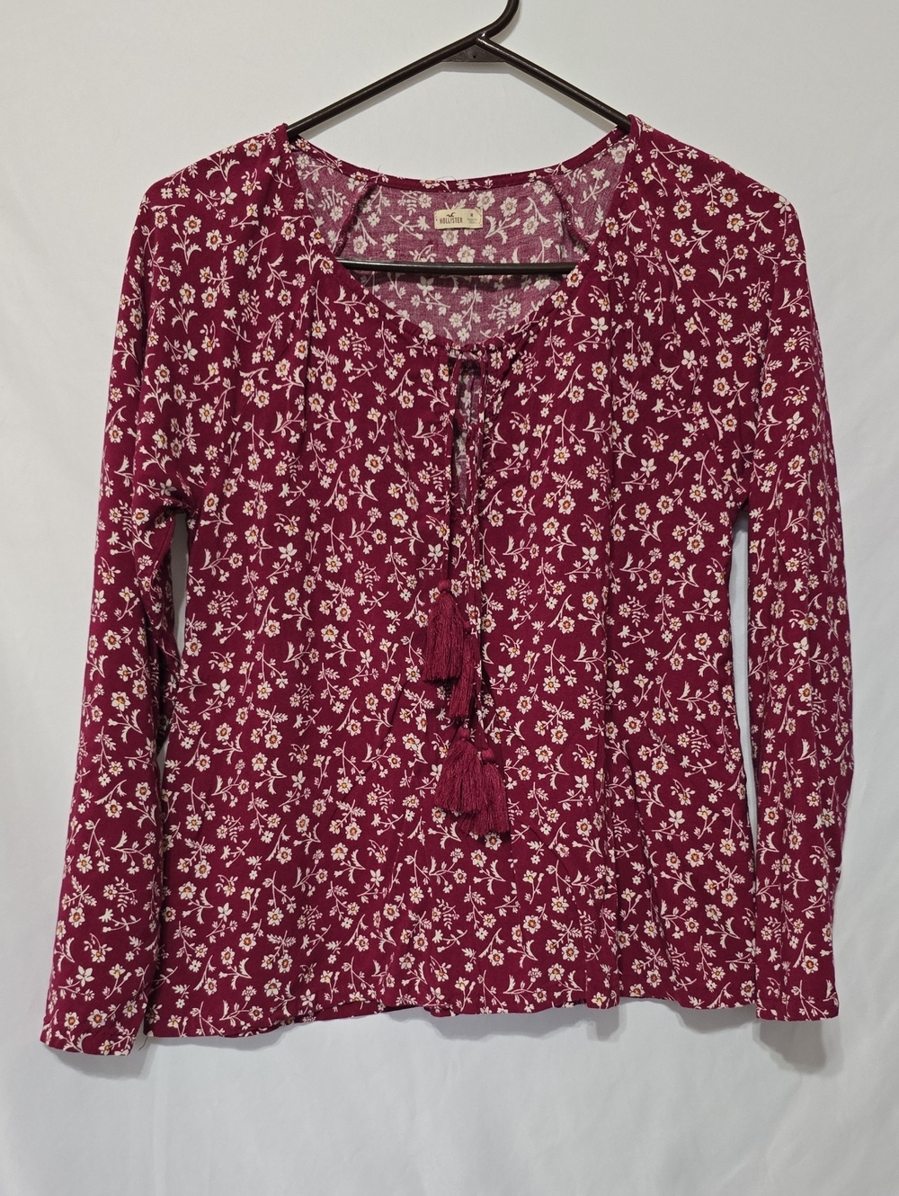 Hollister Wine Floral Tassel Tie-Front Long Sleeve Tunic